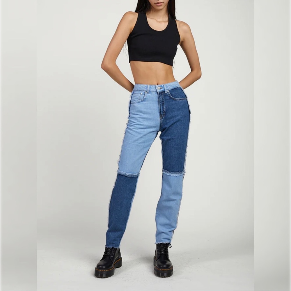 Ragged Priest Mom Jeans Pant High Equilibrium Patchwork Denim Tapered Indigo - Picture 4 of 14